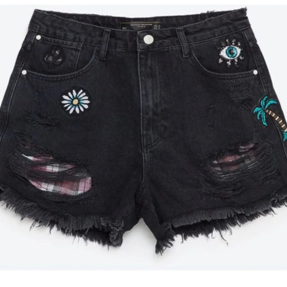 Zara Trafaluc Black Ripped Evil Eye, Palm, Ice Cream Patch Shorts size 8/40 1086 - Picture 1 of 12